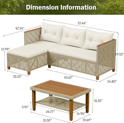 Devoko Patio Furniture Set 3 Piece Outdoor Sectional Sofa Hollow Rattan Patio Seating Sofa with Coffee Table & Ottoman for Deck, Porch, Poolside