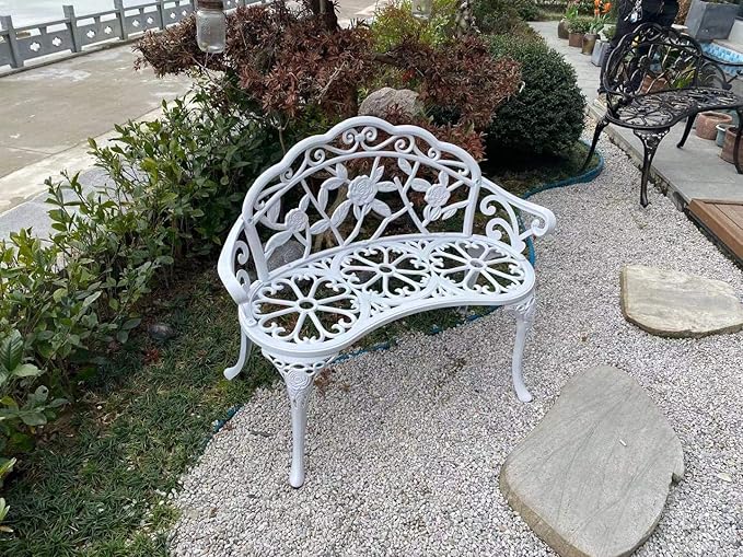 Patio Balcony Bench Double Seat, Anti-Rust Cast Aluminum Patio Garden Bench for Park Yard Outdoor Furniture White.1
