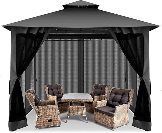 COBIZI Gazebo 10x10 Heavy Duty Gazebos with Improved Nettings Outdoor Gazebo Double Roof Patio Gazebos with Metal Steel Frame Outdoor Canopy for Patio, Deck, Backyard (Black)