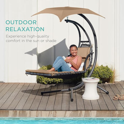 Best Choice Products Outdoor Hanging Curved Steel Chaise Lounge Chair Swing w/Built-in Pillow and Removable Canopy - Tan