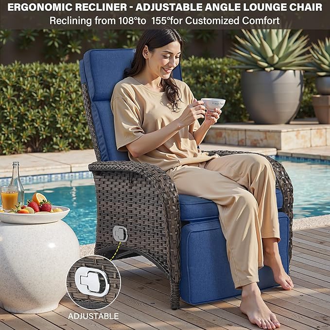 Belord Versatile Outdoor Recliner Chair - Reclining Patio Chair with Adjustable Backrest and Footrest, All-Weather Wicker Chaise Lounge Chair Outdoor for Pool Deck