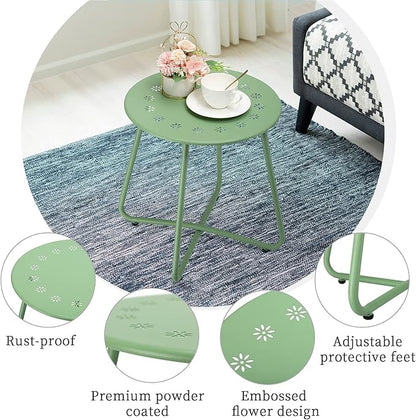 danpinera Outdoor Side Tables with Flower Cut Outs, Weather Resistant Steel Patio Side Table, Small Round Outdoor End Table Metal Side Table for Patio Yard Balcony Garden Green