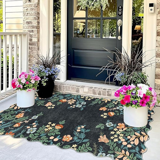 Outdoor Rug 3x5 ft Floral Polyester Entry Mat with Non-Slip Backing