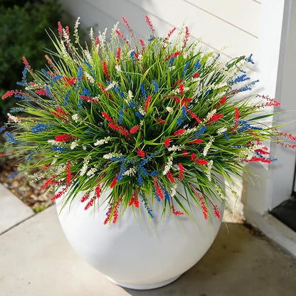Artificial Faux Plants for Outdoor Spring Decoration, 12 Pcs Fake Monkey Grass for Garden Porch Balcony Planters, Fake Flowers Shrubs UV Resistant No Fade Plants Greenery Bush (Red Blue White)