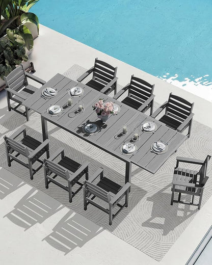 SERWALL 9-Piece Outdoor Dining Set, 60" - 83" Expandable Outdoor Dining Table and 8 HDPE Chairs, All Weather HDPE Outdoor Furniture Set for Backyard, Garden, Grey