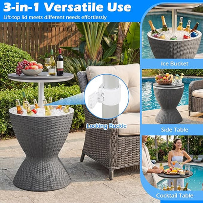Tangkula Outdoor Cool Bar Table, Rattan Patio 8 Gallon Beer & Wine Cooler, All-Weather Ice Bucket w/Height Adjustable Top, Drainage Plug, 3-in-1 Cocktail Bar Table for Party, Barbecue, Picnic (Grey)
