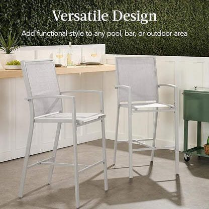 Best Choice Products Outdoor Bar Stools Set of 2, Bar Height, Patio Furniture, All Weather Mesh Design w/Armrest - Gray/Gray