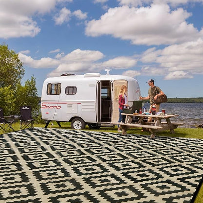 SAND MINE Reversible Mats, Plastic Straw Rug, Modern Area Rug, Large Floor Mat and Rug for Outdoors, RV, Patio, Backyard, Deck, Picnic, Beach, Trailer, Camping, Black & Beige, 10' x 14'