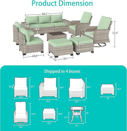 11-Piece Outdoor Patio Furniture Set with Rocking Swivel Chair Wicker Sectional Sofa Set, Patio Conversation Set with Ottomans & Coffee Table for Garden, Backyard, Poolside, Light Green