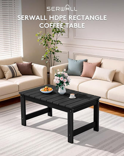 SERWALL Outdoor Coffee Table, HDPE Patio Coffee Table for Outside, Rectangle, Black