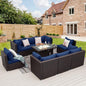 NICESOUL 9 Piece Patio Sectional Sofa Set with Fireplace Natural Gas/Propane, 29.3'' High Back Deep Seats Outdoor Conversation Couch, Extra-Large Wicker Furniture Sets, Brown Rattan and Blue Cushion