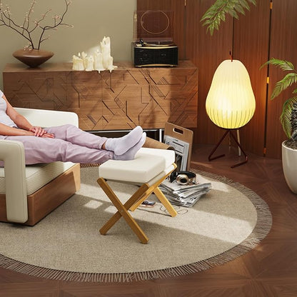 Foldable Foot Stool Ottoman, Modern Foot Rest with Bamboo X Legs & Thick Foam Cushion, Folding Foot Stools Small Padded for Bedroom Living Room, Footstool for Chair Couch (Natural - Beige)