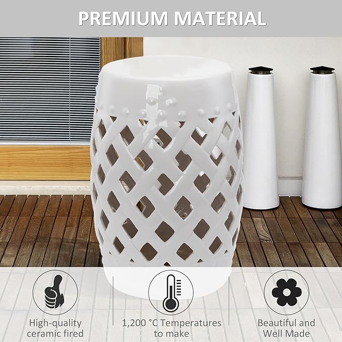 Decorative Garden Stool, White Ceramic Woven Lattice Accent Seat