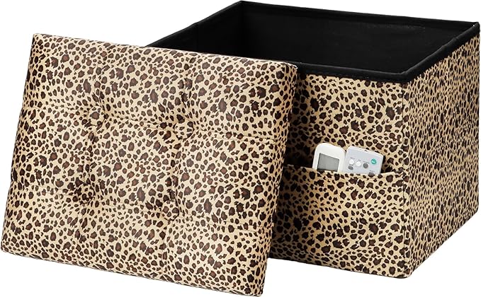 AmasSmile Storage Ottoman Folding Foot Rest Stool with Side Pocket, 17 inch Velvet Footstool Bench, Short Ottoman Bench, Storage Foot Rest Store, Blanket Chest, Leopard Print