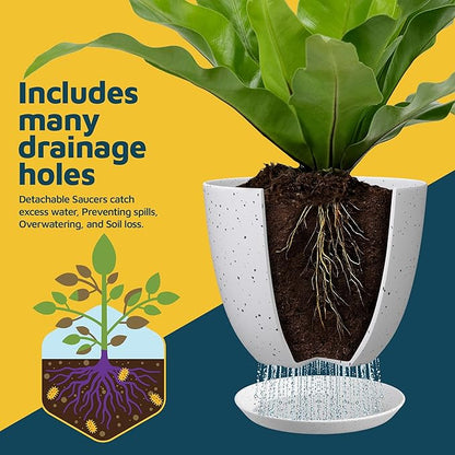 White Gray Plant Pots with Drainage Holes & Saucers 10 Pack, Indoor & Outdoor Stackable Space-Saving Planters for Houseplants & Flowers, (7", 6.7", 6", 5.3", and 4.8" Inches), Durable & Weatherproof