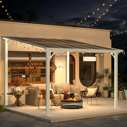 AECOJOY 10' x 10' Pergola Gazebo in White, Small Wall Mounted Pergolas and Gazebos on Clearance, Outdoor Patio Lean to Gazebo Metal Awnings for Deck, Porch, Backyard and More