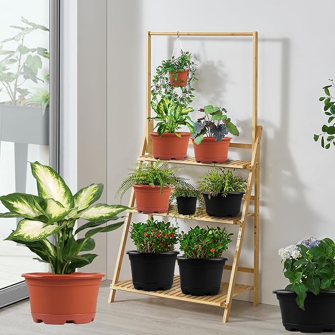 5 Pack 10.5 inch Plant Pots,Planter-Pots-for-Plants-Indoor-Outdoor，Plastic Flower Pot for Indoor Outdoor Plants with Drainage Holes & Trays, Decorative Garden Containers Sets for Houseplants