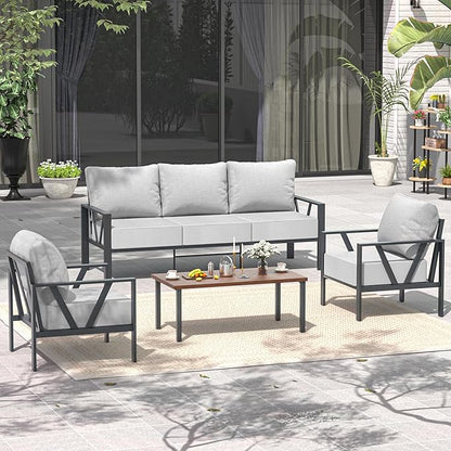 Outdoor Patio Furniture Set, 4 Pieces Metal Patio Furniture Set with Coffee Table, Modern Outdoor Patio Conversation Seating Set with 6” Thick Cushions, Light Grey