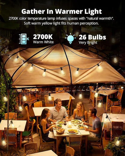 VIPAR Outdoor String Lights 60FT LED Patio Lights LED Waterproof with 26+2 Shatterproof ST38 Edison Bulbs, 2700K Connectable Outside Hanging Light for Porch, Garden, Backyard, Deck, Balcony, Decor