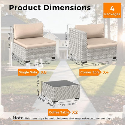 12-Seat Modular Patio Furniture Set – Outdoor Wicker Sectional Sofa with Thick 4″ Cushions, Dual-Strand PE Rattan, Rust-Resistant 18 mm Steel Frame, Backyard Garden Deck Lounge,Beige
