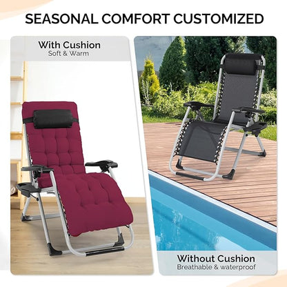 VINGLI Padded Zero Gravity Chair, Lounge Chair with Removable Cushion & Tray， Folding Reclining Patio Chairs， Recliner Chair for Lawn，Indoor Outdoor-Red