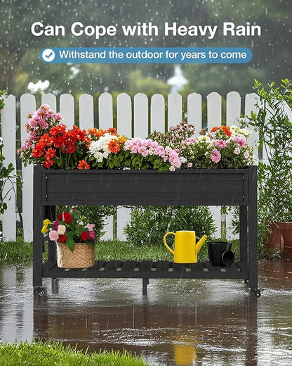 YEFU Raised Garden Bed with Legs: 57x18x30in Elevated Poly Planter with Wheels,Waterproof Mobile Raised Bed Garden, Elevated Planter Box Stand with Storage Shelf,For Deck,Patio,Porch,Yard (Black,4pcs)