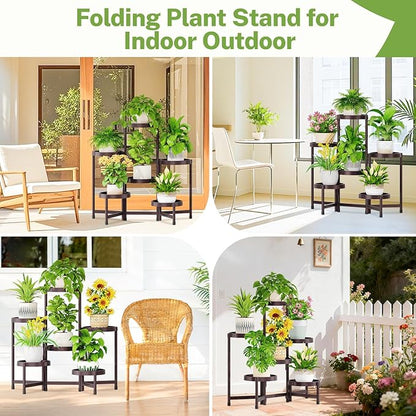 iDavosic.ly 6 Tier Folding Plant Stand Indoor Outdoor with Plastic Tray, Tiered Corner Flower Holder Shelf, Metal Orchid Display Rack for Patio Porch Living Room Garden Balcony, Bronze