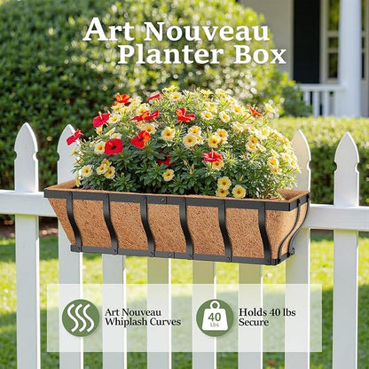 Railing Planter Boxes, Heavy Duty Window Box Planters, Adjustable Balcony Planters for Railing Hanging, with Coco Liner & Support Rod for Deck, Porch, and Patio Gardening (2 Pack, 24 Inch)