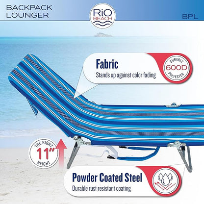 Rio Beach Portable Lay Flat Folding Backpack Beach Lounge Chair with Backpack Straps and Storage Pouch, Blue and Red