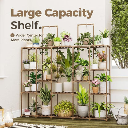 Bamworld Large Plant Shelf Plant Stand Indoor 62.2" Tall Outdoor Plant Holder Wood for Multiple Plants Hanging Plant Rack for Living Room Garden Balcony