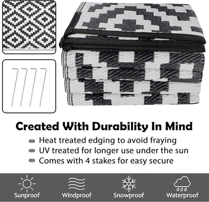 SAND MINE Waterproof Outdoor Rug 8x10 ft, Plastic Reversible Rug, Modern Area Rug, Large Floor Mat for Outdoors, RV, Patio, Backyard, Deck, Picnic, Beach, Camping (8' x 10', Black & White Lattice)