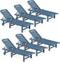 SERWALL Outdoor Chaise Lounge Set of 6, HDPE Pool Lounge Chair with 5-Position Adjustable Backrest, Patio Lounger with Rolling Wheels & Cup Holder for Pool, Navy