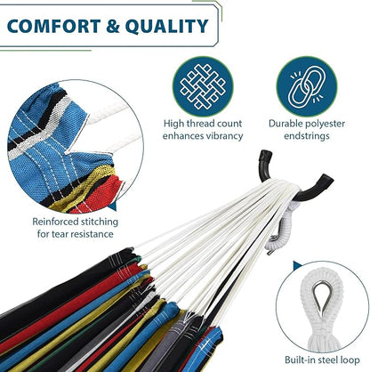 Vivere Double Cotton Hammock with Space Saving Steel Stand, Upgraded Polyester End Strings 450 lb Capacity - Premium Carry Bag Included - (Rio Night)