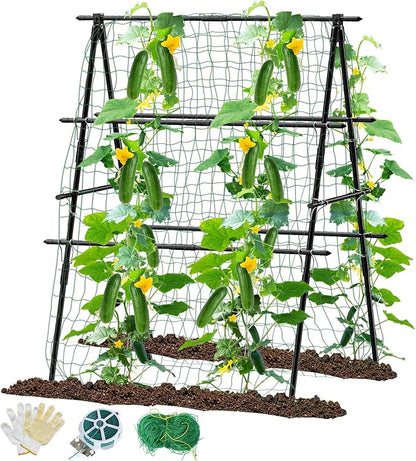Cucumber Trellis, 31''X47'' A-Frame Cucumber Trellis for Raised Bed with Climbing Net, Metal Garden Trellis for Climbing Plants for Cucumber,Tomato, Grapes and Flowers