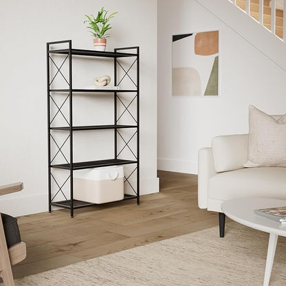 SONGMICS 5-Tier Metal Storage Rack, Shelving Unit with X Side Frames, Dense Mesh, 12.6 x 31.5 x 57.3 Inches, for Entryway, Kitchen, Living Room, Bathroom, Industrial Style, Ink Black UBSC185B01