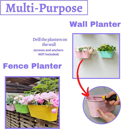LaLaGreen Rail Planter Outdoor Plants (11.2 Inch, 6 Pack) Colorful Metal Iron Strawberry Hanging Flower Pots Deck Railing, Fence Wall Mount Bucket Modern Window Box Hooks Porch Garden Outside Decor