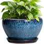 Ceramic Pots for Plants - 9 Inch Plant Pot Indoor with Drainage Hole and Saucer, Ceramic Planters for Outdoor Plants, Round Modern Flower Pot, Housewarming Gifts, Home Decor, Blue