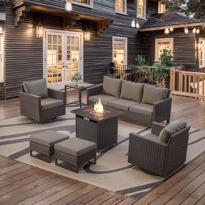 Belord 7 Pieces Patio Furniture Set with Fire Pit Table: Wicker Patio Conversation Set with Outdoor Swivel Glider Rocker Patio Couch Metal Side Table, All Weather Brown Rattan