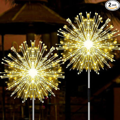 JJGoo Outdoor Solar Lights Firework, 2 Pack 120 LEDs Waterproof Solar Lights for Outside Garden Yard Pathway Fence - Warm White