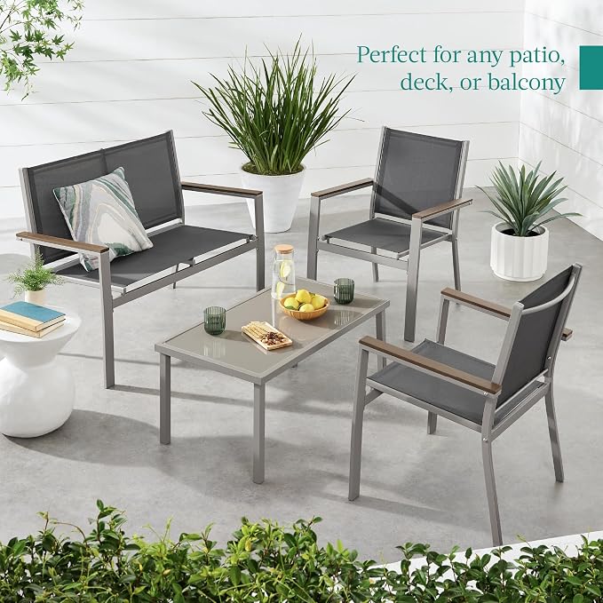 Conversation Set 4-Piece Textilene Patio Furniture, Taupe and Charcoal