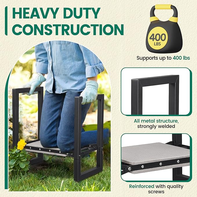 Workseat Garden Kneeler with Assist Handles, Matte Black Metal Frame