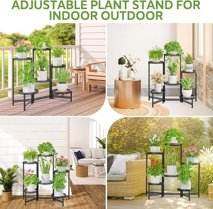iDavosic.ly 6 Tier Large Plant Stand Indoor with 10-Inch Wide Drainage Tray, Tiered Corner Metal Outdoor Flower Display Holder Shelf, Folding Tall Rack for Patio Porch Balcony, Black Iron Carving