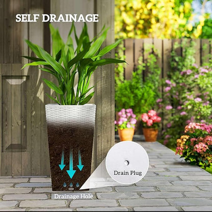 Outsunny Tall Planters for Outdoor Plants Set of 3, 24 in Taper Planters with Drainage Holes, Rattan Decor Plant Pots for Indoor Outdoor Front Porch Patio Backyard, White