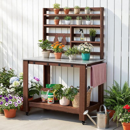 VEVOR Potting Bench Table, Outdoor Gardening Workstation with 45 x 26 in Stainless Steel Tabletop, Storage Shelves, 4 Casters, Hooks, Garden Planting Work Station for Outside Patio, Backyard, Brown