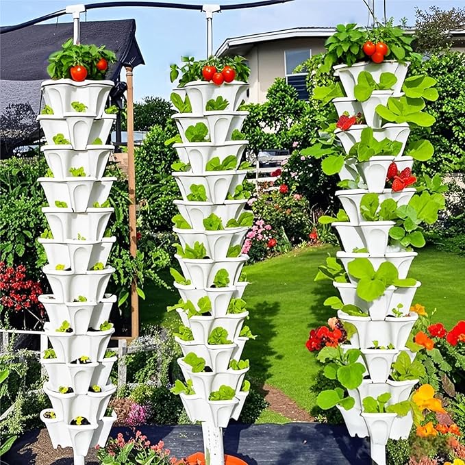 7 Tiered Strawberry Planters 2 Pack, Vertical Stackable Planter, Herb Stacking Tower Garden, Flower and Vegetable Planters with Support Pole Indoor & Outdoor with Removable Wheels - White