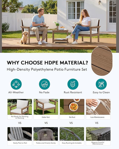 SERWALL HDPE Patio Sofa Set, 3-piece Sectional Outdoor Furniture Set, All Weather Outdoor Couch Set Patio Furniture Set for Deck, Lawn, Brown Frame with Khaki Cushion