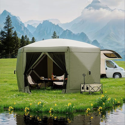 13x13FT 6-Sided Pop Up Gazebo Tent，One-Push Setup Canopy Tent with Removable Canopy Top & Wind Cloths, Outdoor shelter for Camping, Backyard Parties, Outdoor Events - Army Green