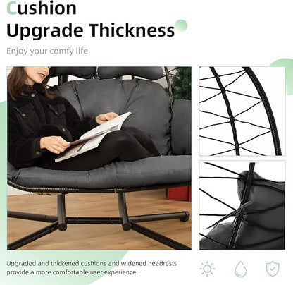 Double Egg Chair with Stand Hammock Swing Chair Foldable Hanging Loveseat, UV Resistant Removable Cushions, 700LBS Capacity for Bedroom, Balcony, Garden(BK-GR)
