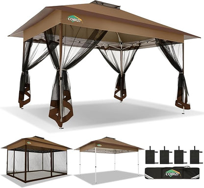 COBIZI 10x15 FT Pop up Gazebo on Clearance - Outdoor pop up Canopy Tent,carpas para Patio, Shelter - Screen Tents with Portable Carry Bag, Patio Gazebos for Camping,Garden,Deck,Backyard,Brown