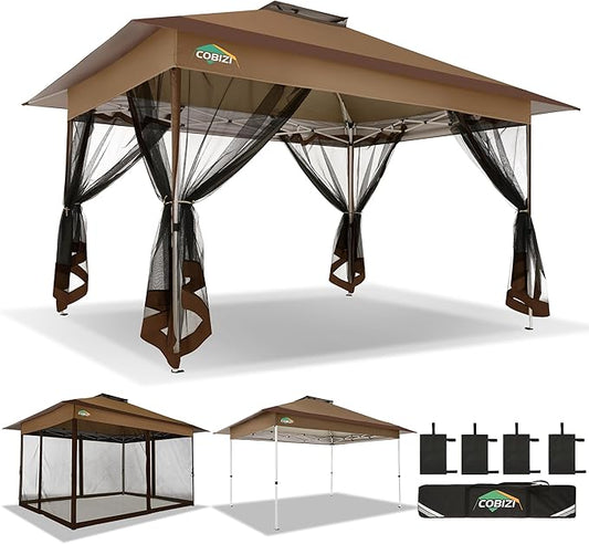 COBIZI 10x15 FT Pop up Gazebo on Clearance - Outdoor pop up Canopy Tent,carpas para Patio, Shelter - Screen Tents with Portable Carry Bag, Patio Gazebos for Camping,Garden,Deck,Backyard,Brown